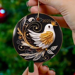 2025 Christmas Ornament, Golden Christmas Bird Bauble, Tree Ornament, Holiday Gift, Ceramic Round Ornament, Dated Ornament