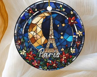 Paris Ornament, Holiday Ornaments, Paris France Night Sky Moon Floral Faux Stained Glass Christmas Tree Keepsake, Family Travel GIfts