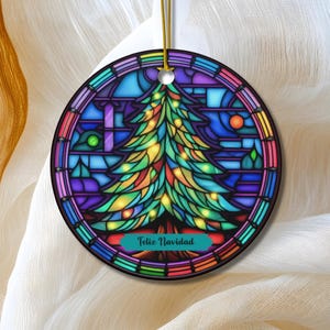 Feliz Navidad Christmas Ornament, Blue Spanish Merry Christmas Tree Ornament, Holiday Gift, Ceramic Round Ornament, Dated Ornament