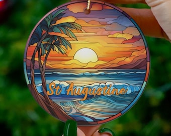 St Augustine Ornament, Faux Stained Glass Ornament, Family Travel Gift, Round Ceramic Heirloom Keepsake Gift