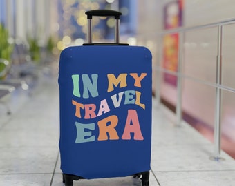 Groovy Retro Luggage Cover, In My Travel Era, Travel Gift, Vacation Gifts, Unique Colorful Suitcase Protector