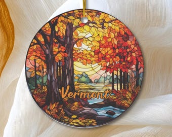 Vermont Ornament, Beautiful Autumn Faux Stained Glass, Round Ceramic Keepsake Souvenir Gift