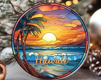 Hawaii ornament, vakantie cadeau, keramische kerstboom ornament, huwelijksreis vacay reiscadeau, glas-in-lood ornament