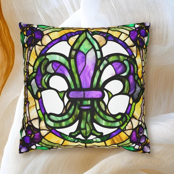 Mardi Gras Pillow Cover, Faux Stained Glass Mardi Gras Decor, Purple Carnival Throw Pillow Decoration, Spun Polyester Square Pillow Case