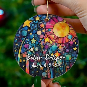 Solar Eclipse 2024 Ornament, Faux Stained Glass Christmas Decoration, Holiday Gift Idea, Heirloom Keepsake, Round Ceramic Ornament Travel