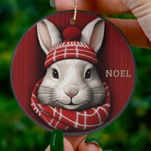 Cute Rabbit Ornament, Faux 3D-look Christmas Decoration, Holiday Gift Idea, Heirloom Keepsake, Round Ceramic Gift Idea, Xmas Tree