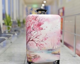 Beautiful Cherry Blossom Luggage Cover, Travel Gift, Spring Watercolor Japanese Sakura Suitcase Protector