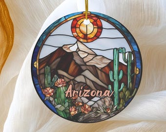 Arizona Ornament, Travel Gift, Faux Stained Glass Mountain Sun Cactus Keepsake Souvenir