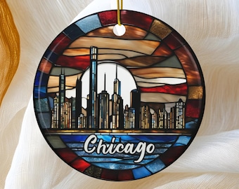 Chicago Ornament, Faux Stained Glass Ornament, Illinois Travel GIft, Family Vacation Trip, Keepsake Heirloom Souvenir Ceramic