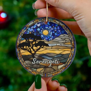 Tanzania Serengeti Ornament, Christmas Ornament Gift, Faux Stained Glass Keepsake, Travel Gifts, Family Trip