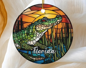 Adorno de Florida, adorno para árbol de Navidad, adorno festivo, recuerdo de vacaciones de caimán, adorno de cerámica