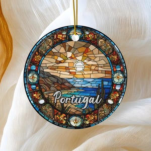 Portugal Ornament, Faux Stained Glass Ornament, Travel GIft, Family Vacation Trip, Keepsake Heirloom Souvenir Ceramic