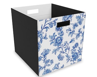 Chinoiserie Storage Bin, Floral Rose Peony Blue and White Home Decor Accent, Felt Storage Box