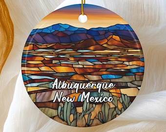 Albuquerque Ornament, New Mexico Landscape Gift, Faux Stained Glass Keepsake, Travel Gifts, Family Trip