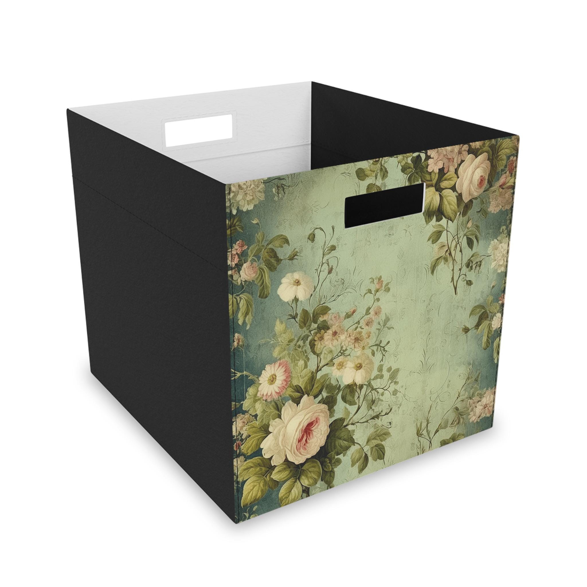 Store Roses Storage Vintage Style Roses Storage Bin, Floral Blush White Pink Roses on Sage ...