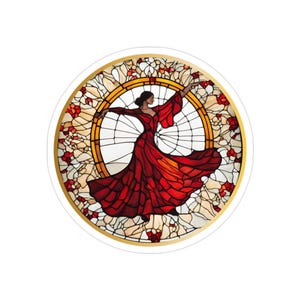 Puede incluir: Pegatina redonda con un diseño de vidriera de una mujer bailando con un vestido rojo. El diseño está enmarcado en un círculo dorado, rodeado de patrones florales y geométricos en rojo, blanco y dorado.