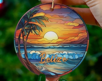 Belize Ornament, Faux Stained Glass Ornament, Travel Gift, Round Ceramic Heirloom Keepsake Gift