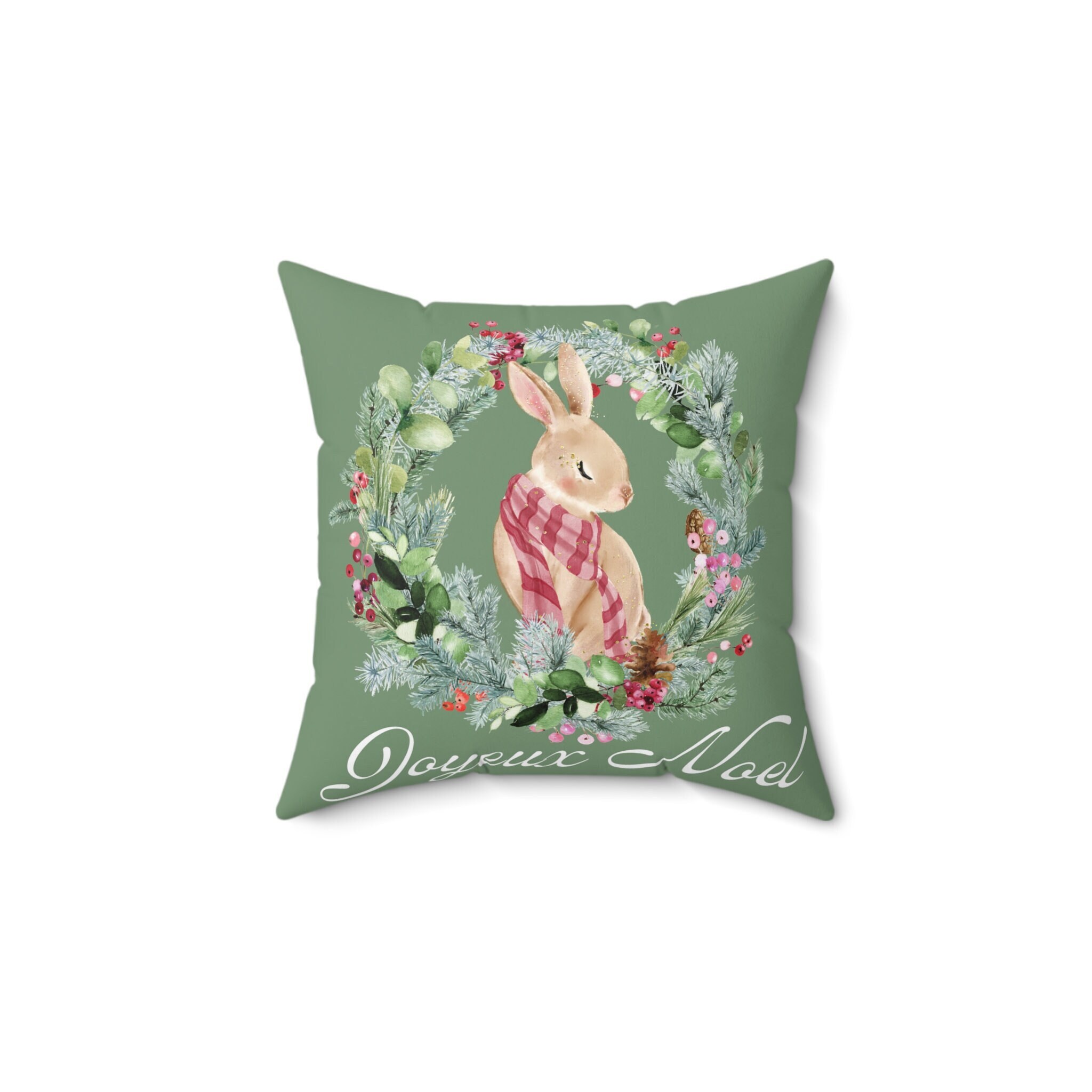 Joyeux Noel Pillow, French Merry Christmas Green Watercolor Rabbit Couch Pillow Decoration, Happy Christmas Decor