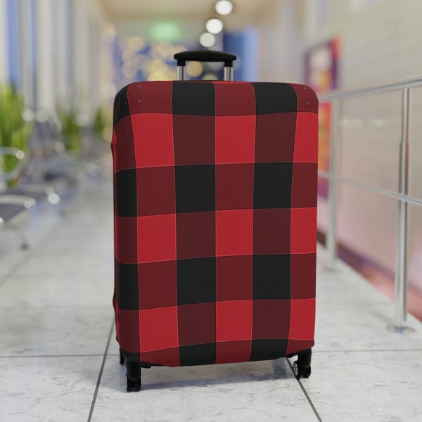 Buffalo Plaid Luggage Cover, Red Black Travel Gift, Vacation Gifts, Unique Colorful Suitcase Protector