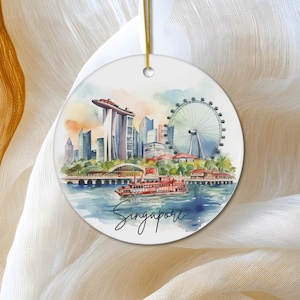 Singapore Ornament, Watercolor Vacation Gift, Ceramic Christmas Tree Ornament, Honeymoon Vacay Travel Gift