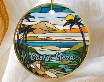Costa Mesa Ornament, California Ornament, Family Travel Gift, Round Ceramic Heirloom Keepsake Gift