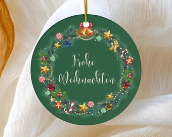 Frohe Weihnachten Ornament, German Christmas Tree Baubles, Ceramic Ornament, Family Gift Stocking Stuffers