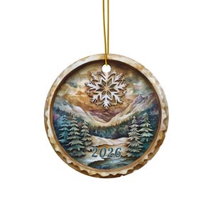 2026 Christmas Ornament, Mountain Valley and Evergreens, Cozy Rustic Snowy Winter Keepsake Bauble