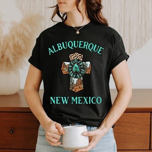 Albuquerque Shirt, New Mexico Souvenir, Family Travel Gifts, Western Desert Turquoise Cross Tshirt,  Gift for Him, GIft for Her