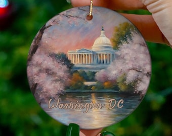 Washington DC Ornament, Cherry Blossom Ornament, Keepsake Heirloom Christmas Tree Decor, Capital Trip Travel Gift Souvenir