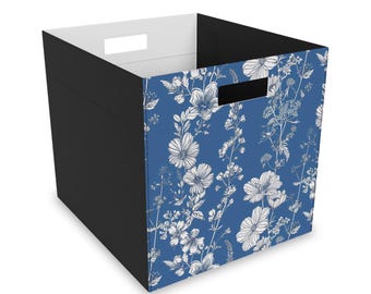 Chinoiserie Storage Bin, Medium Blue and White Home Decor Accent, Felt Storage Box, Floral Wildflower Design