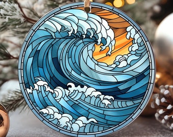 Great Wave Ornament, Christmas Tree Ornament, Holiday Ornament, Faux Stained Glass Ceramic Round Ornament and Gift