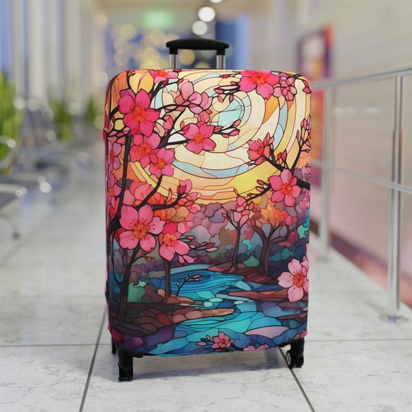 Sakura Cheery Blossum bagagehoes, bedrukt namaakglas, kleurrijke roze reisvakantiegeschenken, unieke kleurrijke reisgeschenken