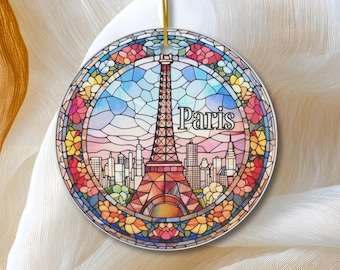 Paris Ornament, Faux Stained Glass Ornament, Travel Gift, Custom Eiffel Tower Ornament, France Trip Gift Souvenir