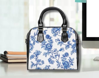 Chinoiserie Blue and White Floral Handbag, Classic Roses Leaves Design, Shoulder Handbag