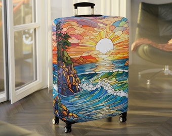 Tropical Beach Luggage Cover, Printed Faux Stained Glass, Colorful Palm Tree Trip Vacation Gifts, Unique Colorful Travel Gifts