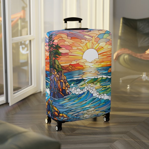 Tropical Beach Luggage Cover, Printed Faux Stained Glass, Colorful Palm Tree Trip Vacation Gifts, Unique Colorful Travel Gifts