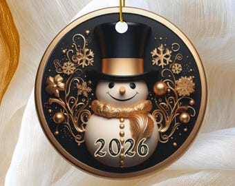 2025 Christmas Ornament, 3D-look Golden Snowman Tree Ornament, Holiday Gift, Ceramic Round Ornament, Dated Ornament