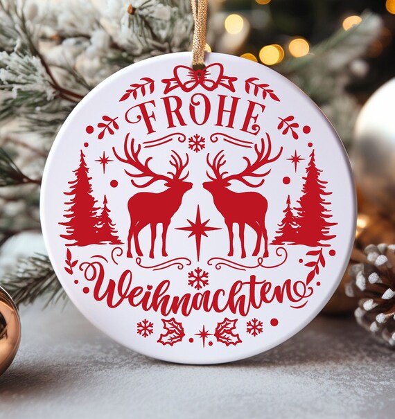 Frohe Weihnachten Ornament, German Christmas Ornaments, Cute Red and White Festive Holiday Tree Ornament