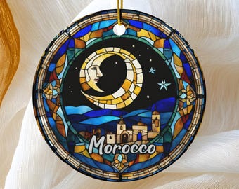 Ornament Marokko, ornament gebrandschilderd glas namaak, Afrika reiscadeau, familievakantie, aandenken erfstuk souvenir keramiek