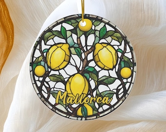 Mallorca Ornament, Faux Stained Glass Ornament, Lemon Ornament, Spain Vacation Trip, Travel Gift, Keepsake Heirloom Ceramic