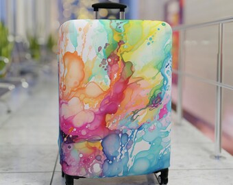 Liquid Multicolor Rainbow Luggage Cover, Custom Name Modern Travel Gift, Vacation Gifts, Unique Colorful Suitcase Protector