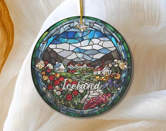 Iceland Ornament, Faux Stained Ornament, Vacation Gift, Ceramic Christmas Tree Ornament, Honeymoon Vacay Travel GIft Keepsake
