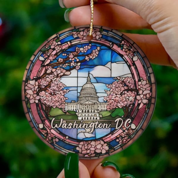 Washington DC Ornament, Capital Faux Stained Glass Ornament, Vacation Gift, Ceramic Christmas Tree Ornament, Family Vacay Travel Gift