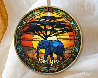 Kenya Ornament, Christmas Ornament Gift, Faux Stained Glass Elephant Wildlife Keepsake, Travel Gifts, Family Trip