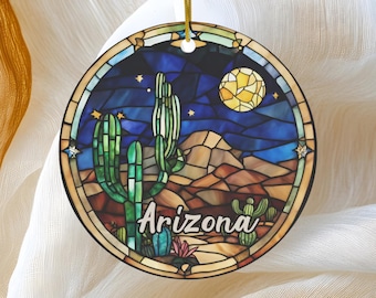 Arizona Ornament, Faux Stained Glass Christmas Tree Ornament, Holiday Gift, Ceramic Round Keepsake Souvenir GIft