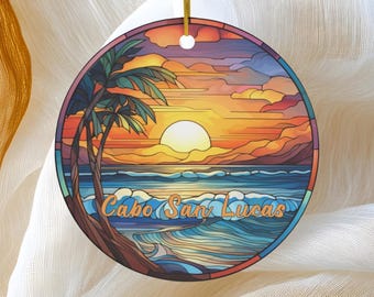 Cabo San Lucas Ornament, Faux Stained Glass Ornament, Mexico Travel Gift, Round Ceramic Heirloom Keepsake Gift