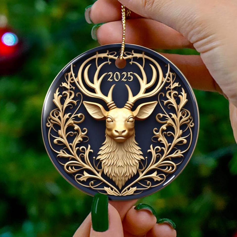 2025 Christmas Ornament, 3D-look Golden Deer Christmas Tree Ornament, Holiday Gift, Ceramic Round Ornament, Dated Ornament