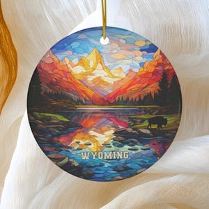 Wyoming Ornament, Mountain Buffalo Christmas Tree Ornament, Faux Stained Glass Ceramic Round Ornament, Wyoming Christmas Gift