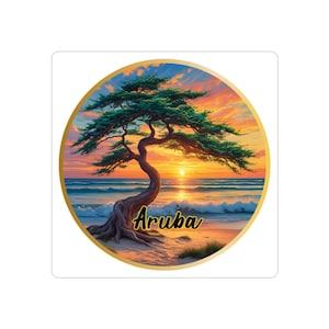 Sticker Aruba, sticker Divi Tree Beach coucher de soleil, beaux stickers souvenir, cadeaux de voyage