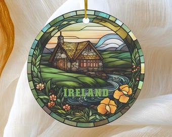 Ireland Ornament, Christmas Decoration, Holiday Gift Idea, Irish Cottage Keepsake Gift, Travel Gift Souvenir, Faux Stained Glass Ornament